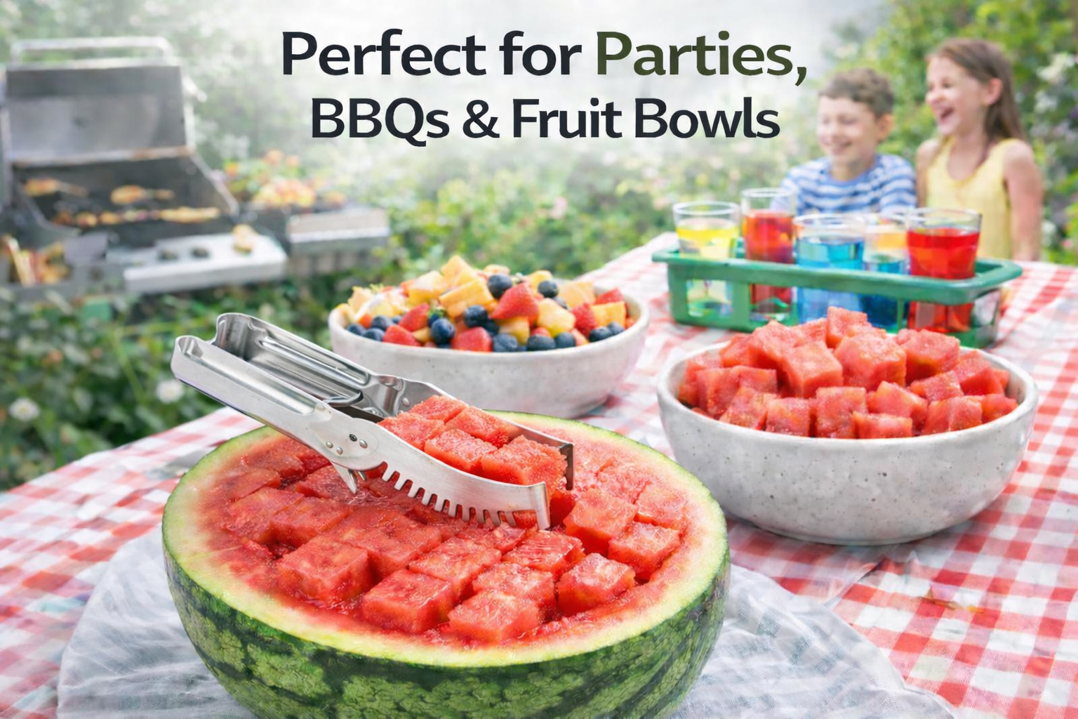 WOWZY 2-in-1 Watermelon Slicer & Serving Tongs – Stainless Steel Fruit Cutter for Perfect Cubes