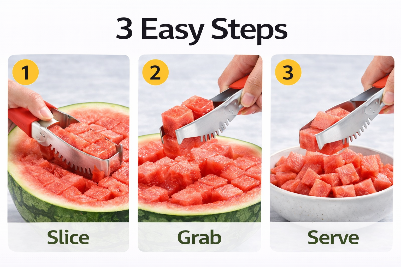 WOWZY 2-in-1 Watermelon Slicer & Serving Tongs – Stainless Steel Fruit Cutter for Perfect Cubes