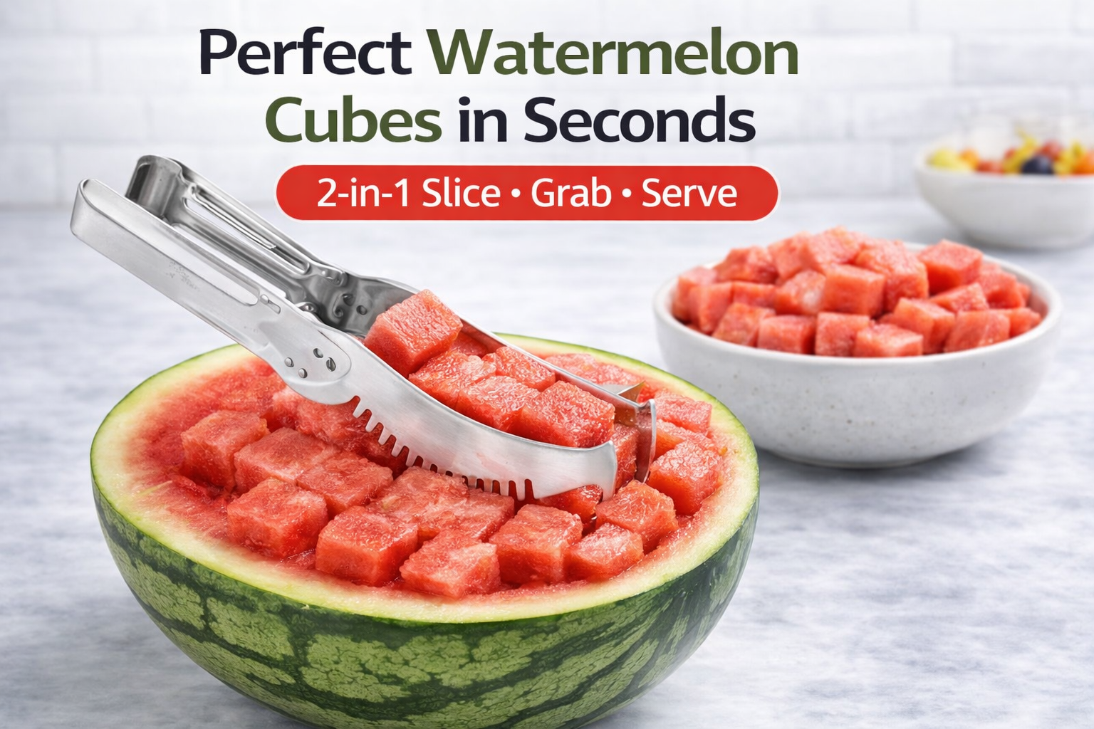 WOWZY 2-in-1 Watermelon Slicer & Serving Tongs – Stainless Steel Fruit Cutter for Perfect Cubes